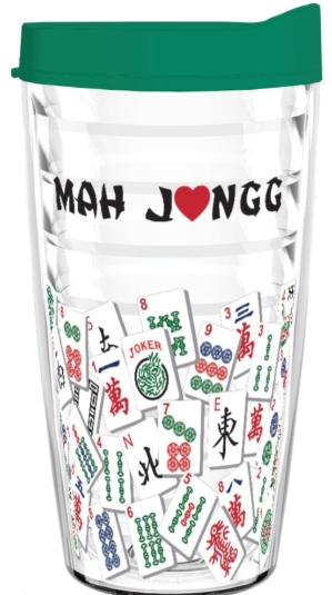 Tumbler 16 ounce (Double Wall Insulated)- Mah Jongg Tile Design (Green Lid) mah jongg card 2017 2018 tervis tumbler 16oz tile mahjong mah jongg asian oriental mah jongg gift cup mug plastic tritan usa